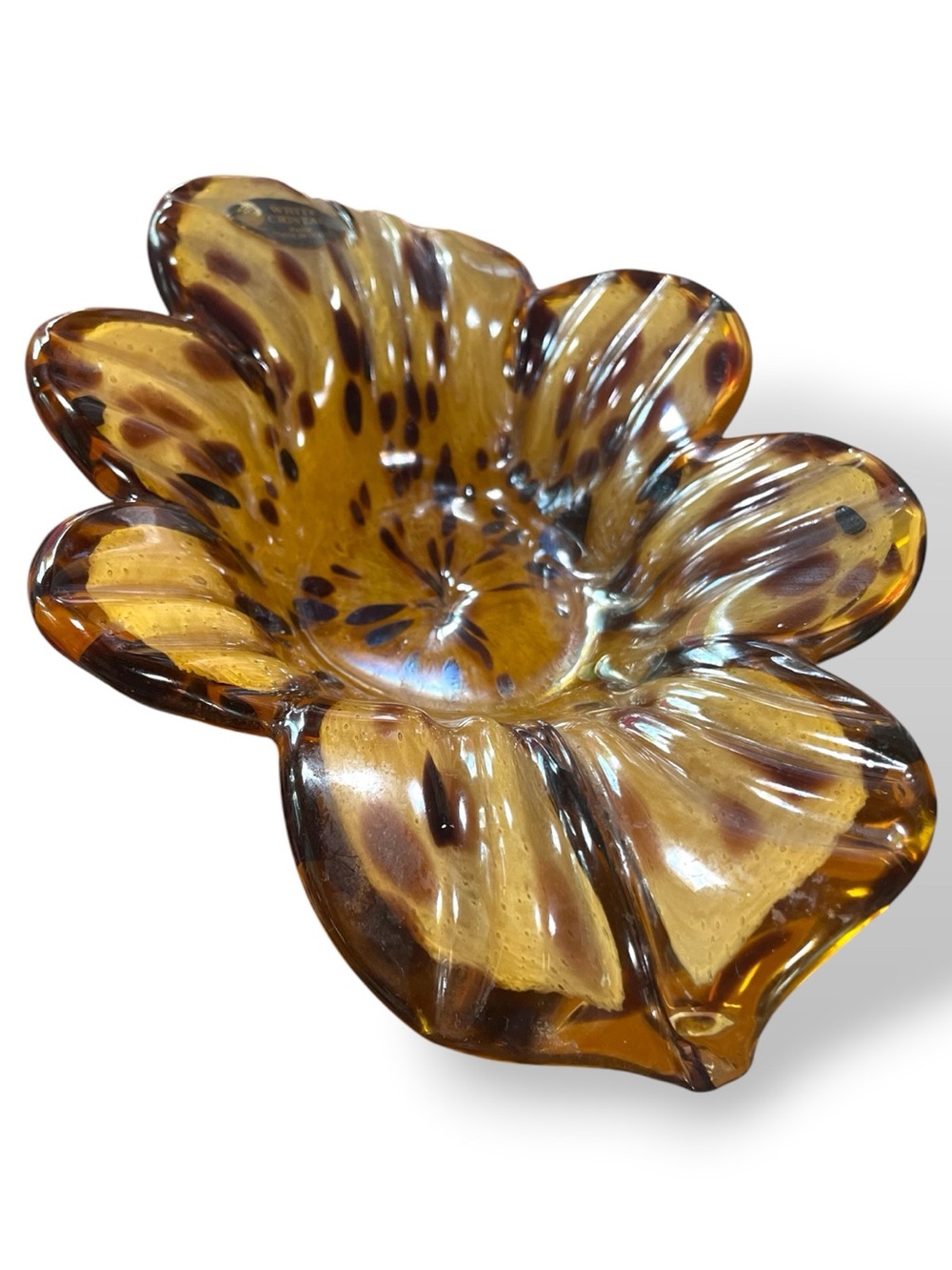 Amber Leopard Art Glass Dish Murano Italy White Cristal Murano Original Stickers